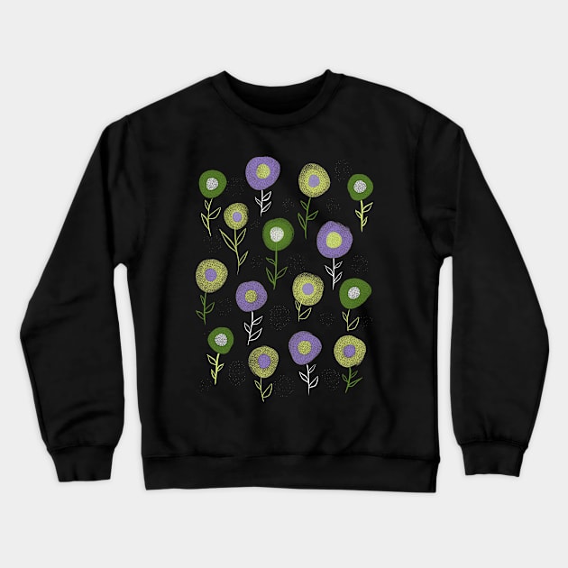 Dark Floral Pattern - Green Purple Round Flowers Crewneck Sweatshirt by Boriana Giormova